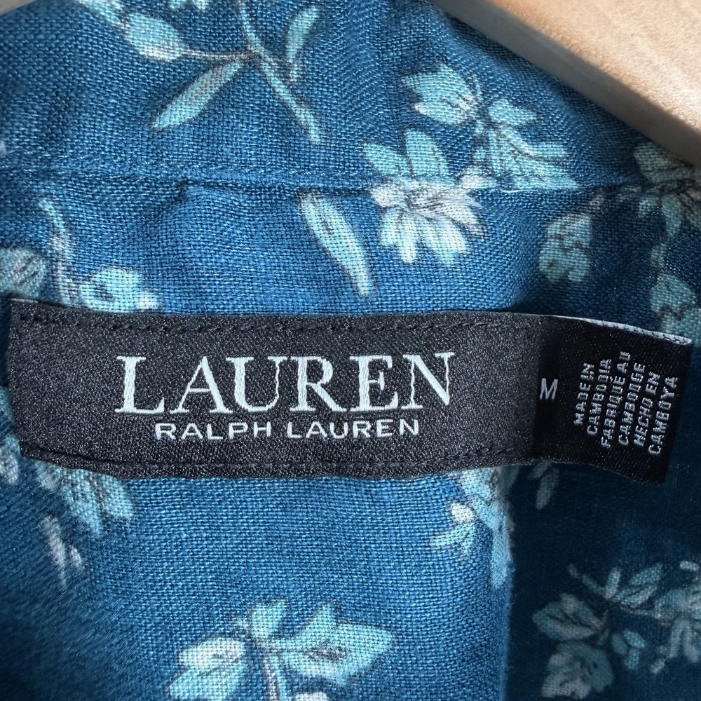Ralph Lauren Shirt 100% Linen Womens Sz M Dark Teal Floral Short Sleeve Classic - Picture 3 of 7